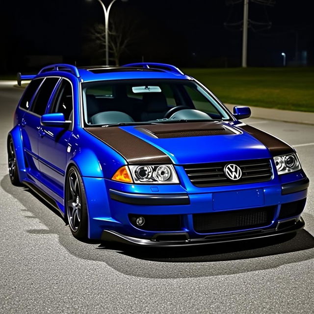 A blue 2001 widebody VW Passat R36 L wagon drift car parked at night, shown from a higher 3/4 front view to capture both the side and hood of the vehicle