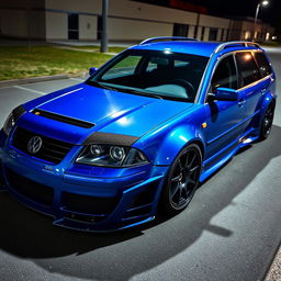 A blue 2001 widebody VW Passat R36 L wagon drift car parked at night, shown from a higher 3/4 front view to capture both the side and hood of the vehicle