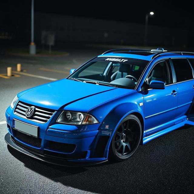 A blue 2001 widebody VW Passat R36 L wagon designed as a drift car, featuring a striking carbon hood and aggressive aerodynamics