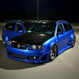 A blue 2001 widebody VW Passat R36 L wagon designed as a drift car, featuring a striking carbon hood and aggressive aerodynamics