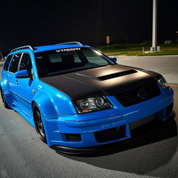 A blue 2001 widebody VW Passat R36 L wagon designed as a drift car, featuring a striking carbon hood and aggressive aerodynamics