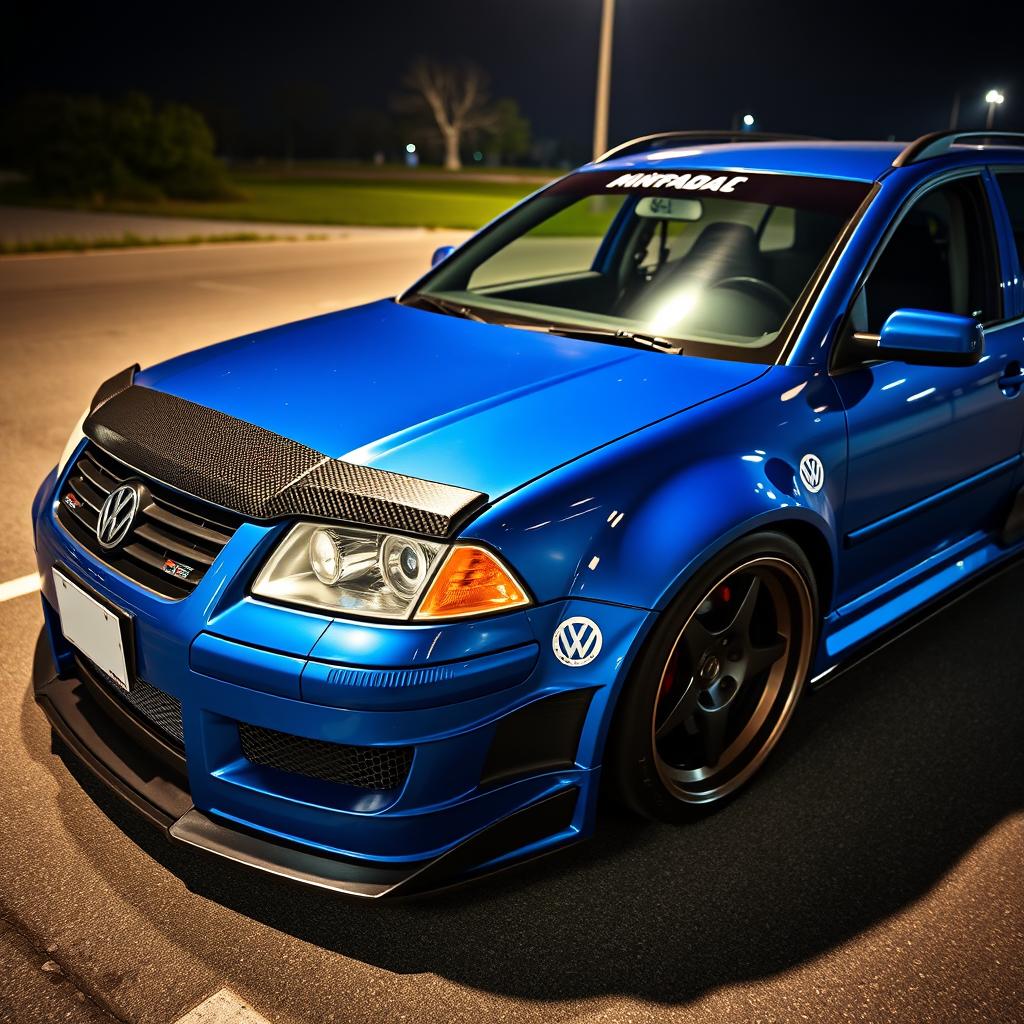 A blue 2001 widebody VW Passat R36 L wagon designed as a drift car, featuring a striking carbon hood and aggressive aerodynamics