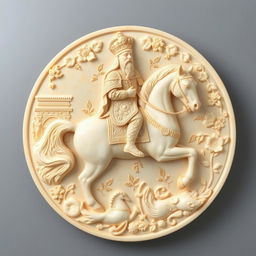 A beautifully carved cream-colored stone plate depicting a majestic Persian king on horseback