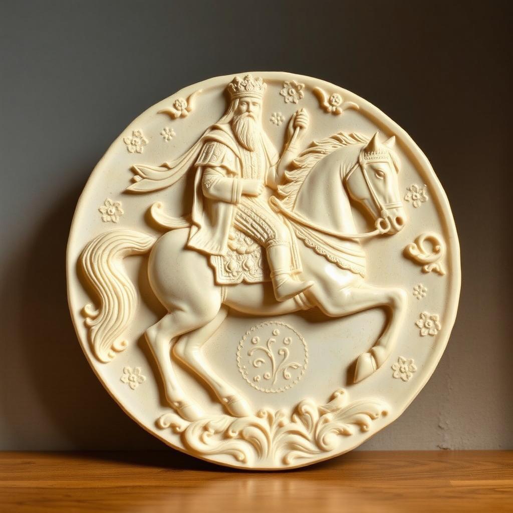 A beautifully carved cream-colored stone plate depicting a majestic Persian king on horseback