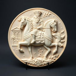 A beautifully carved cream-colored stone plate depicting a majestic Persian king on horseback