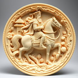 A beautifully carved cream-colored stone plate depicting a majestic Persian king on horseback