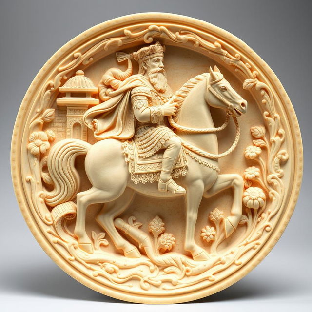 A beautifully carved cream-colored stone plate depicting a majestic Persian king on horseback
