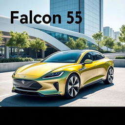 A sleek electric sedan, named Falcon, prominently displayed in a dynamic, modern setting