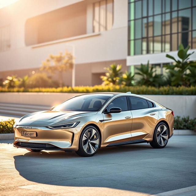 A sleek electric sedan, named Falcon, prominently displayed in a dynamic, modern setting