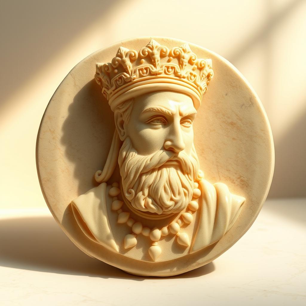 A beautifully detailed cream-colored stone plate featuring a finely carved bust of a Persian king, showcasing intricate facial features and royal attire