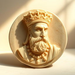 A beautifully detailed cream-colored stone plate featuring a finely carved bust of a Persian king, showcasing intricate facial features and royal attire