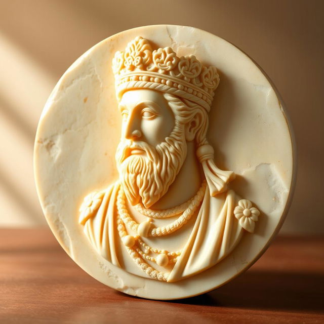 A beautifully detailed cream-colored stone plate featuring a finely carved bust of a Persian king, showcasing intricate facial features and royal attire