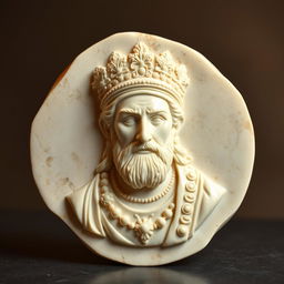 A beautifully detailed cream-colored stone plate featuring a finely carved bust of a Persian king, showcasing intricate facial features and royal attire