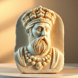 A beautifully detailed cream-colored stone plate featuring a finely carved bust of a Persian king, showcasing intricate facial features and royal attire