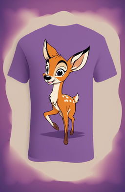 This is a high-quality digital art image of a vibrant purple graphic tee featuring a detailed print of Bambi in classic Disney animation style