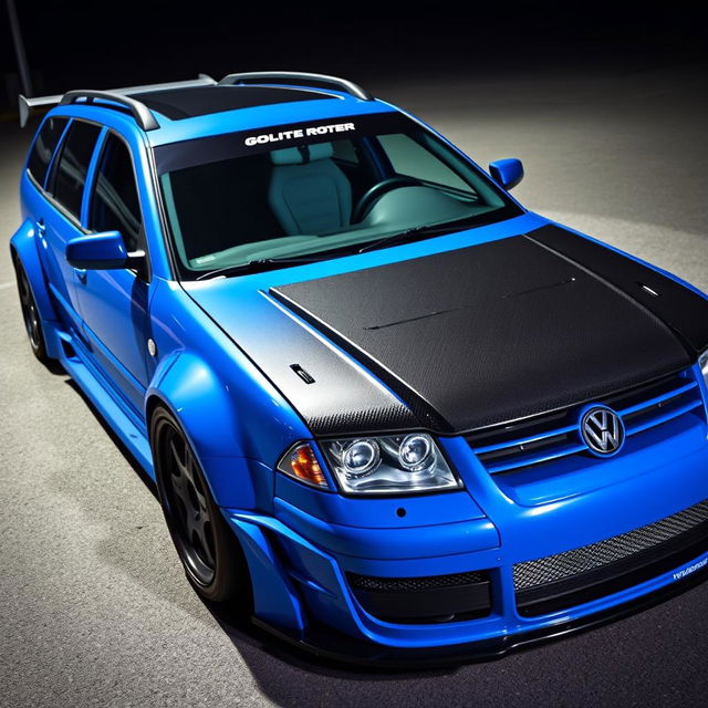 A striking blue 2001 widebody VW Passat R36 L wagon, designed as a drift car featuring a carbon fiber hood and aggressive aero components