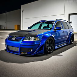 A striking blue 2001 widebody VW Passat R36 L wagon, designed as a drift car featuring a carbon fiber hood and aggressive aero components
