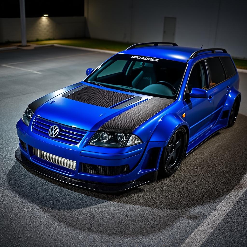 A striking blue 2001 widebody VW Passat R36 L wagon, designed as a drift car featuring a carbon fiber hood and aggressive aero components