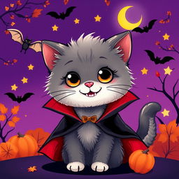 A whimsical and imaginative image featuring a cute and friendly cat dressed as a vampire, known as 'Catula'