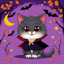 A whimsical and imaginative image featuring a cute and friendly cat dressed as a vampire, known as 'Catula'