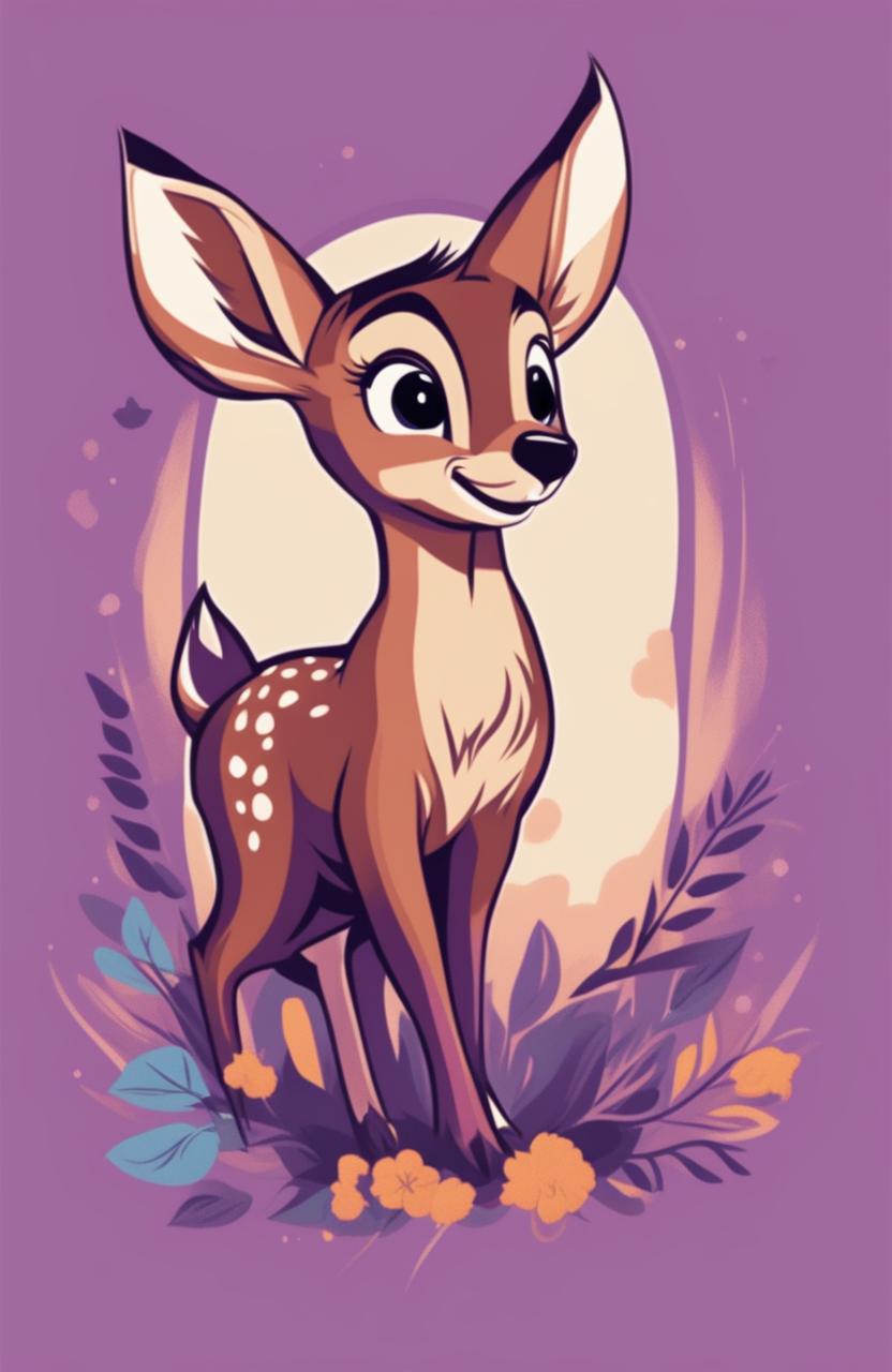 This is a high-quality digital art image of a vibrant purple graphic tee featuring a detailed print of Bambi in classic Disney animation style