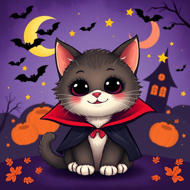 A whimsical and imaginative image featuring a cute and friendly cat dressed as a vampire, known as 'Catula'