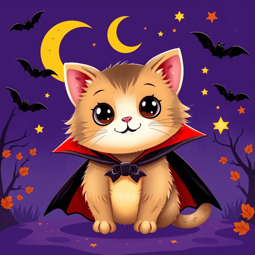 A whimsical and imaginative image featuring a cute and friendly cat dressed as a vampire, known as 'Catula'