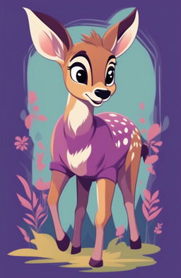 This is a high-quality digital art image of a vibrant purple graphic tee featuring a detailed print of Bambi in classic Disney animation style