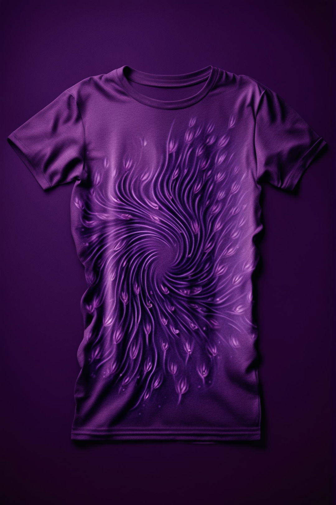 This is a high-quality digital art image of a deep purple graphic t-shirt, adorned with a modern, minimalist print of a lavender flower