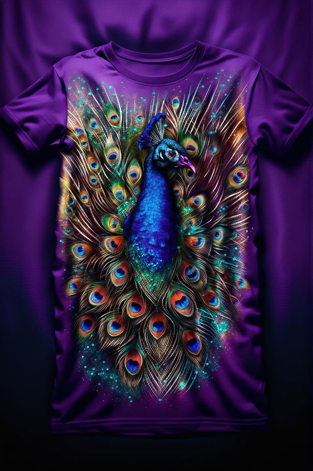 This is a high-quality digital art image of a vibrant purple graphic t-shirt featuring a detailed, stylized print of a peacock with its tail feathers fanned out