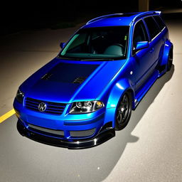 A blue 2001 widebody VW Passat R36 L wagon, modified for drifting, features a sleek carbon hood and aggressive aerodynamic enhancements