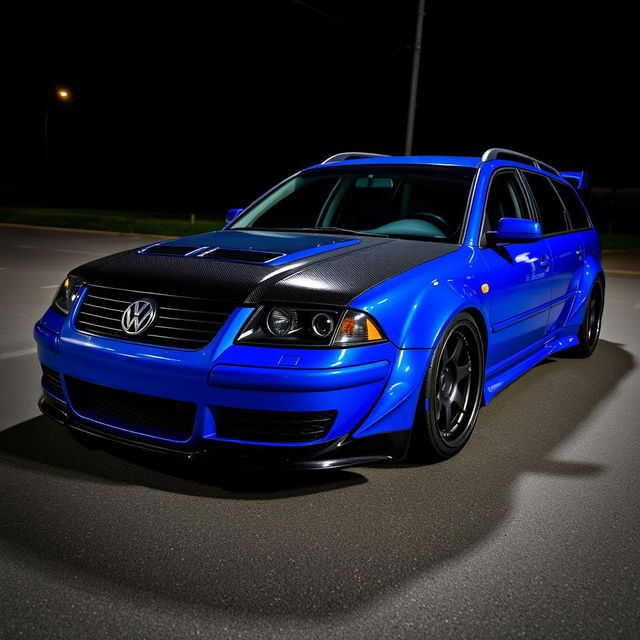 A blue 2001 widebody VW Passat R36 L wagon, modified for drifting, features a sleek carbon hood and aggressive aerodynamic enhancements