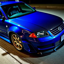 A blue 2001 widebody VW Passat R36 L wagon, modified for drifting, features a sleek carbon hood and aggressive aerodynamic enhancements