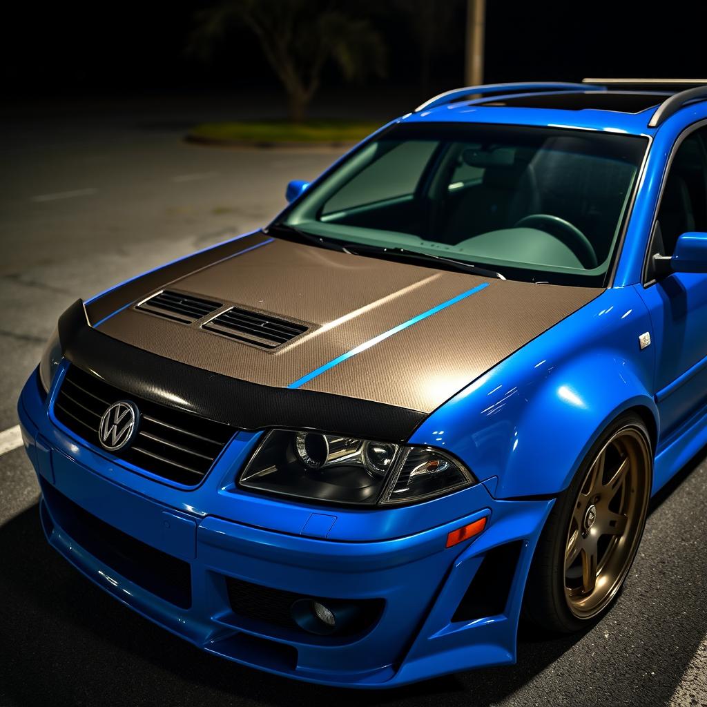 A blue 2001 widebody VW Passat R36 L wagon, modified for drifting, features a sleek carbon hood and aggressive aerodynamic enhancements