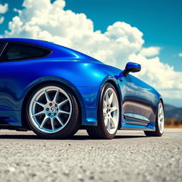 A sleek blue sports car with striking white rims, featuring a sporty design inspired by the Falcon car model