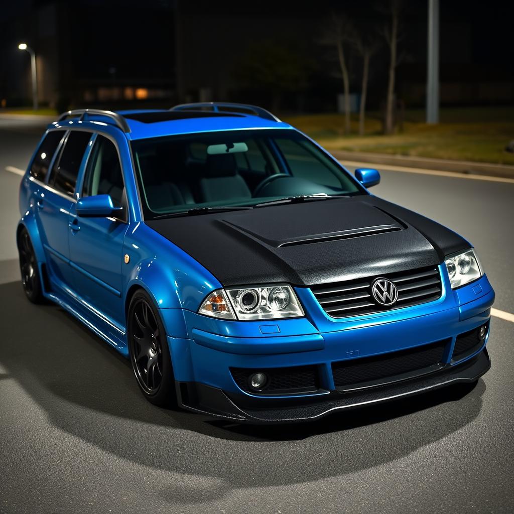 A blue 2001 widebody VW Passat R36 L wagon formatted as a drift car, featuring a striking carbon hood and aggressive aerodynamic enhancements