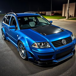 A blue 2001 widebody VW Passat R36 L wagon formatted as a drift car, featuring a striking carbon hood and aggressive aerodynamic enhancements