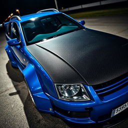 A blue 2001 widebody VW Passat R36 L wagon formatted as a drift car, featuring a striking carbon hood and aggressive aerodynamic enhancements
