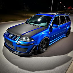 A blue 2001 widebody VW Passat R36 L wagon formatted as a drift car, featuring a striking carbon hood and aggressive aerodynamic enhancements