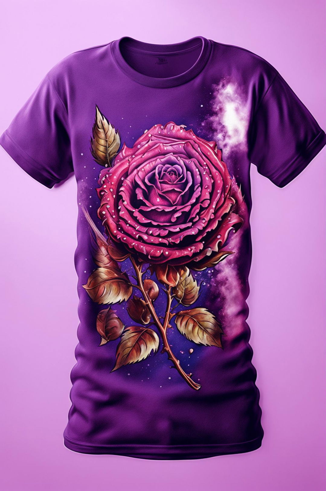 This is a high-quality digital art image of a royal purple graphic t-shirt featuring a detailed print of a deep red rose