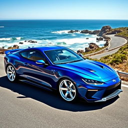 A striking blue sports car featuring white rims, modeled after the Falcon design