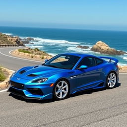 A striking blue sports car featuring white rims, modeled after the Falcon design