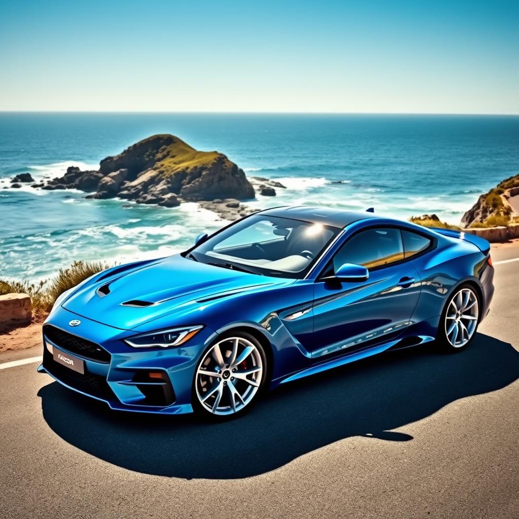 A striking blue sports car featuring white rims, modeled after the Falcon design