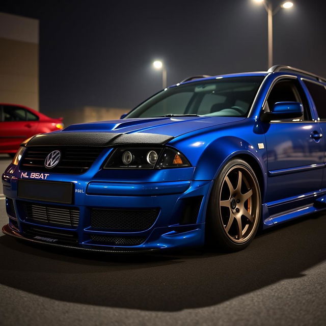 A blue 2001 widebody VW Passat R36 L wagon drift car, featuring a carbon hood and aggressive aerodynamic styling