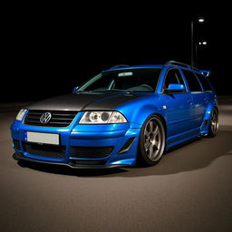 A blue 2001 widebody VW Passat R36 L wagon drift car, featuring a carbon hood and aggressive aerodynamic styling