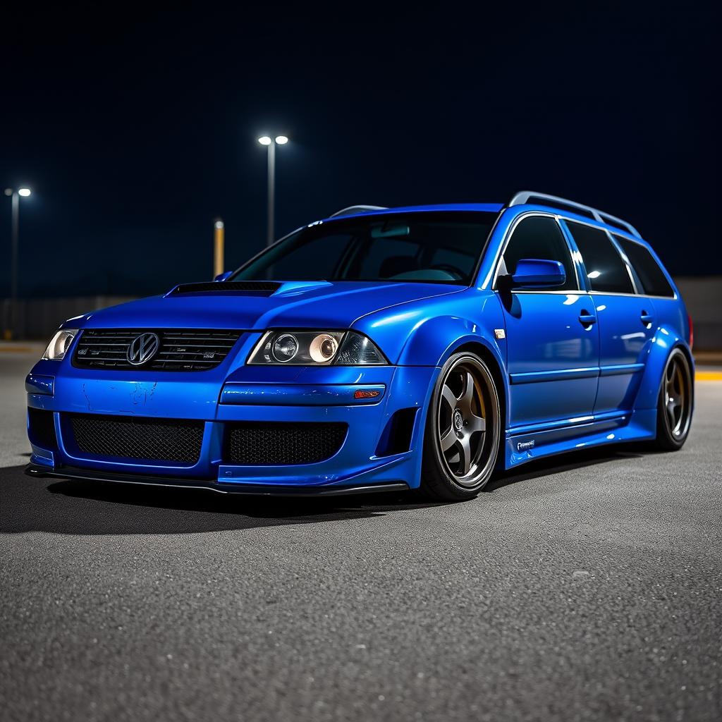 A blue 2001 widebody VW Passat R36 L wagon drift car, featuring a carbon hood and aggressive aerodynamic styling