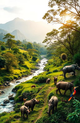 A scenic view of a Northeast Indian wildlife sanctuary, showcasing diverse flora and fauna, including lush green landscapes, majestic mountains in the background, and vibrant wildlife like elephants, rhinos, and various bird species