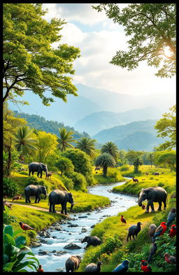 A scenic view of a Northeast Indian wildlife sanctuary, showcasing diverse flora and fauna, including lush green landscapes, majestic mountains in the background, and vibrant wildlife like elephants, rhinos, and various bird species