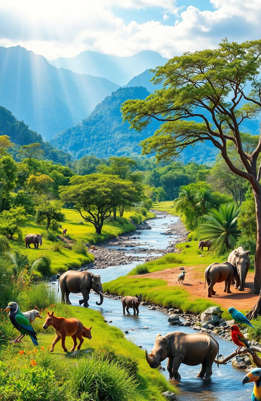 A scenic view of a Northeast Indian wildlife sanctuary, showcasing diverse flora and fauna, including lush green landscapes, majestic mountains in the background, and vibrant wildlife like elephants, rhinos, and various bird species