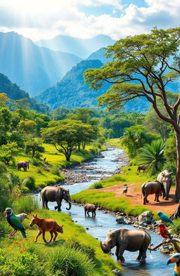 A scenic view of a Northeast Indian wildlife sanctuary, showcasing diverse flora and fauna, including lush green landscapes, majestic mountains in the background, and vibrant wildlife like elephants, rhinos, and various bird species